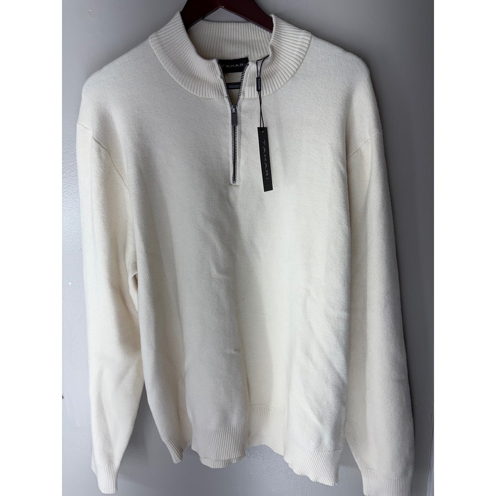 Tahari Mens Quarter Zip Viscose Blend Sweater Ivory White Size Large NWT